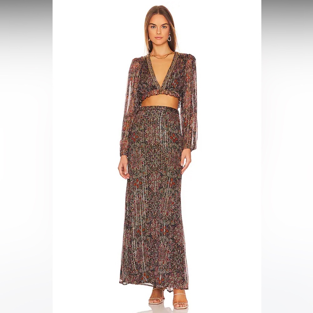 x REVOLVE House of Harlowe Mareisa Metallic Maxi Skirt in Rust Floral Small